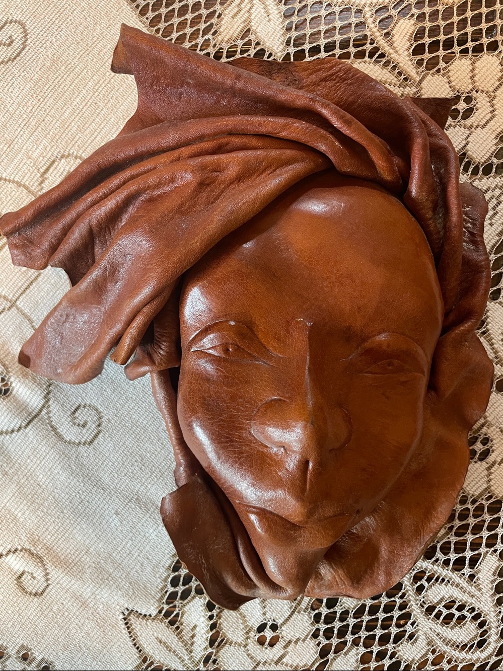 Handcrafted Brown Leather Lg Wall Mask of Young Woman